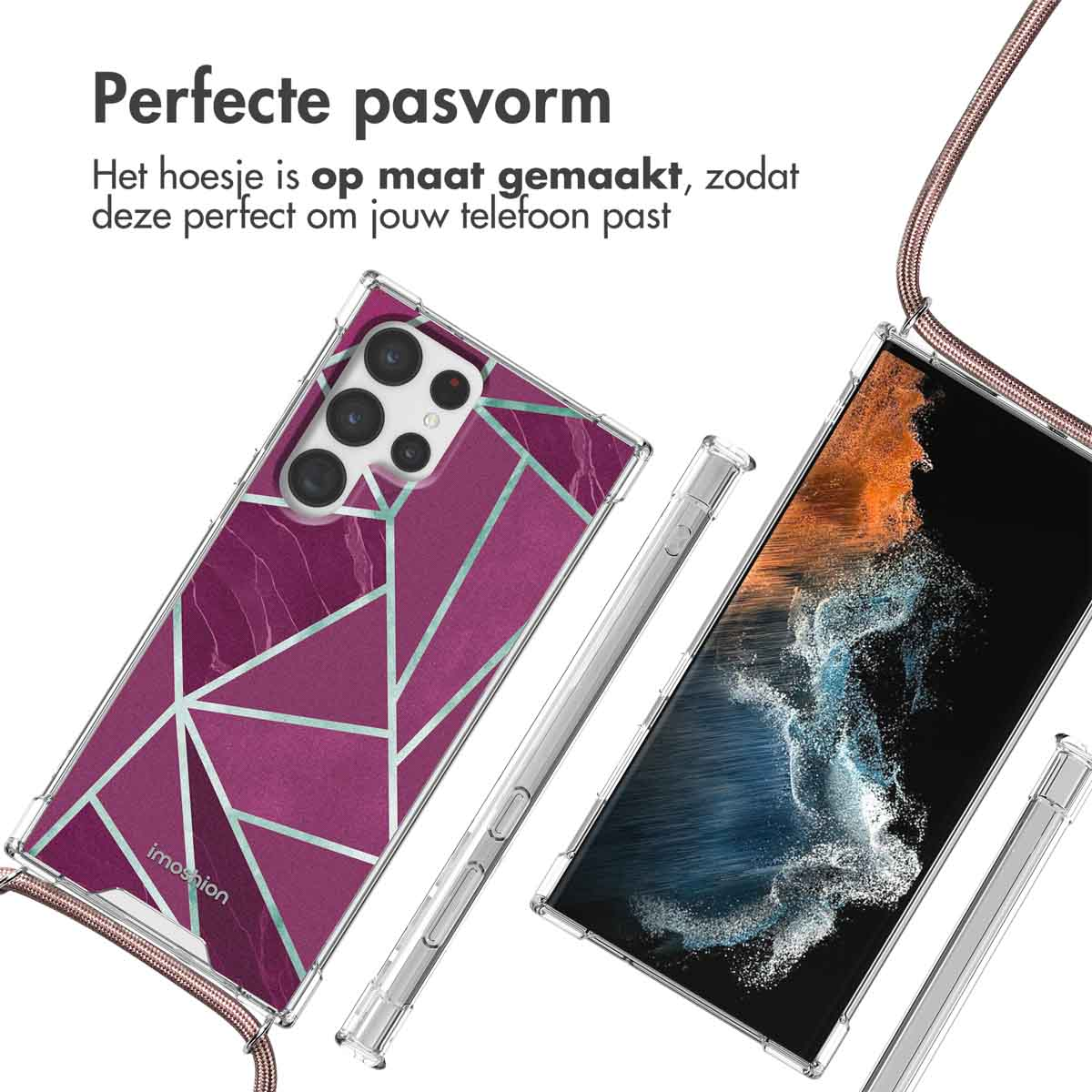 Telefoonhoesje met geometrisch design, roze en zilver. Telefoon en schermbeschermer zichtbaar. Achtergrond is wit.