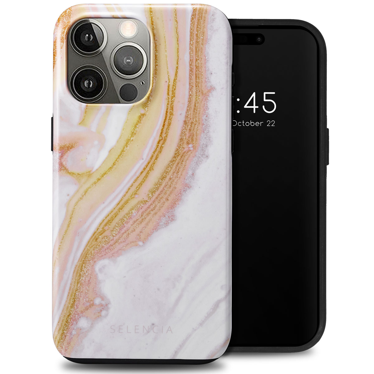 Téléphone avec coque en marbre blanc et veines dorées, montrant l'écran.