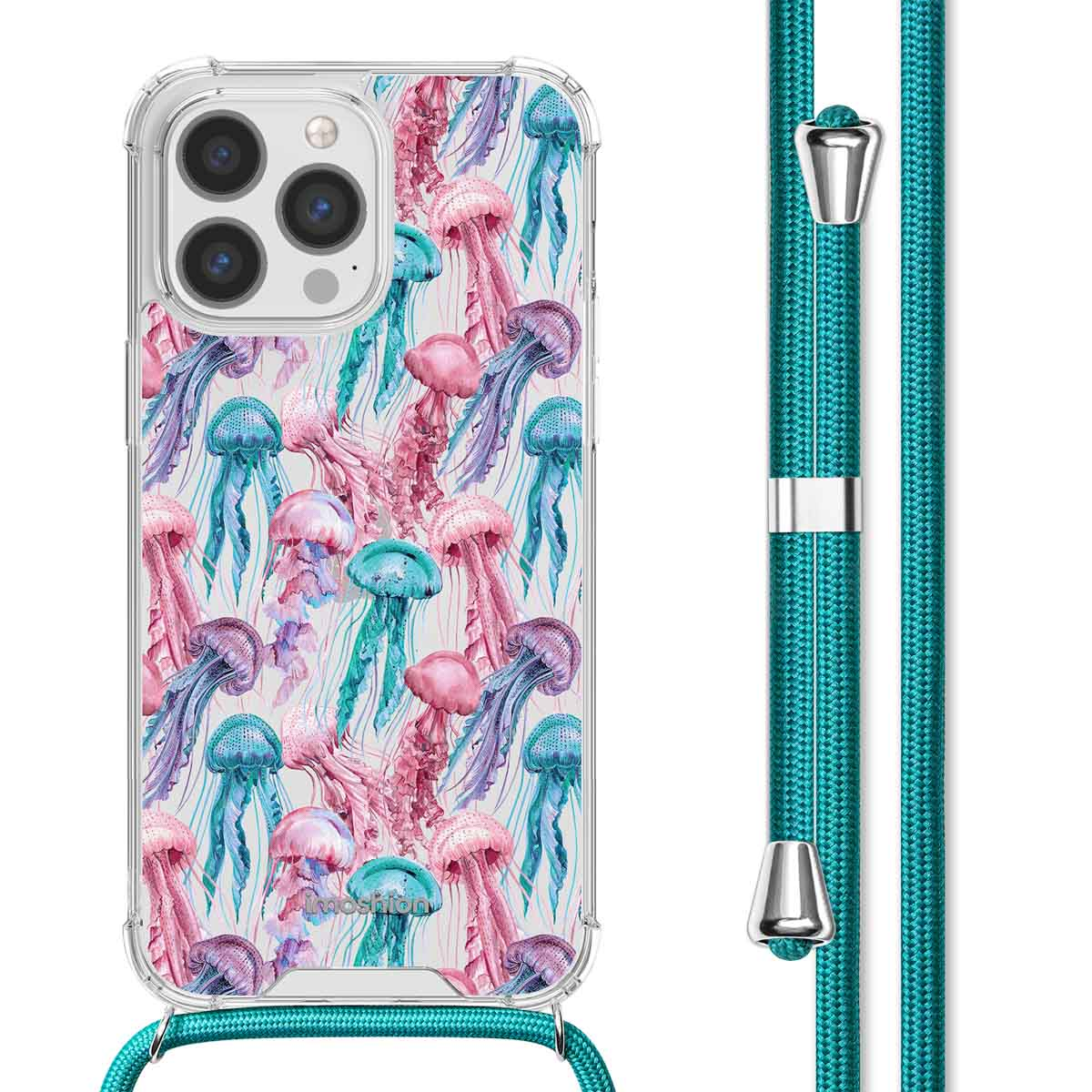 Coque de téléphone avec motif méduses et cordon turquoise. Pare-chocs transparent. Fond blanc.