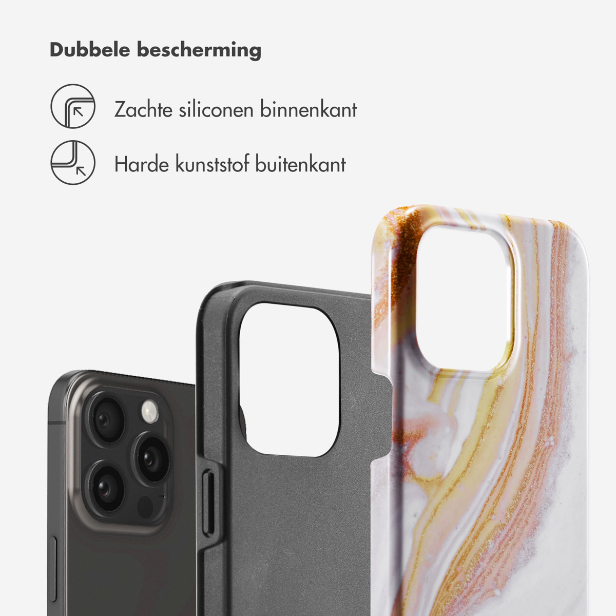 Coque de téléphone montrant une double protection avec silicone souple à l'intérieur et plastique dur à l'extérieur. Téléphone noir.