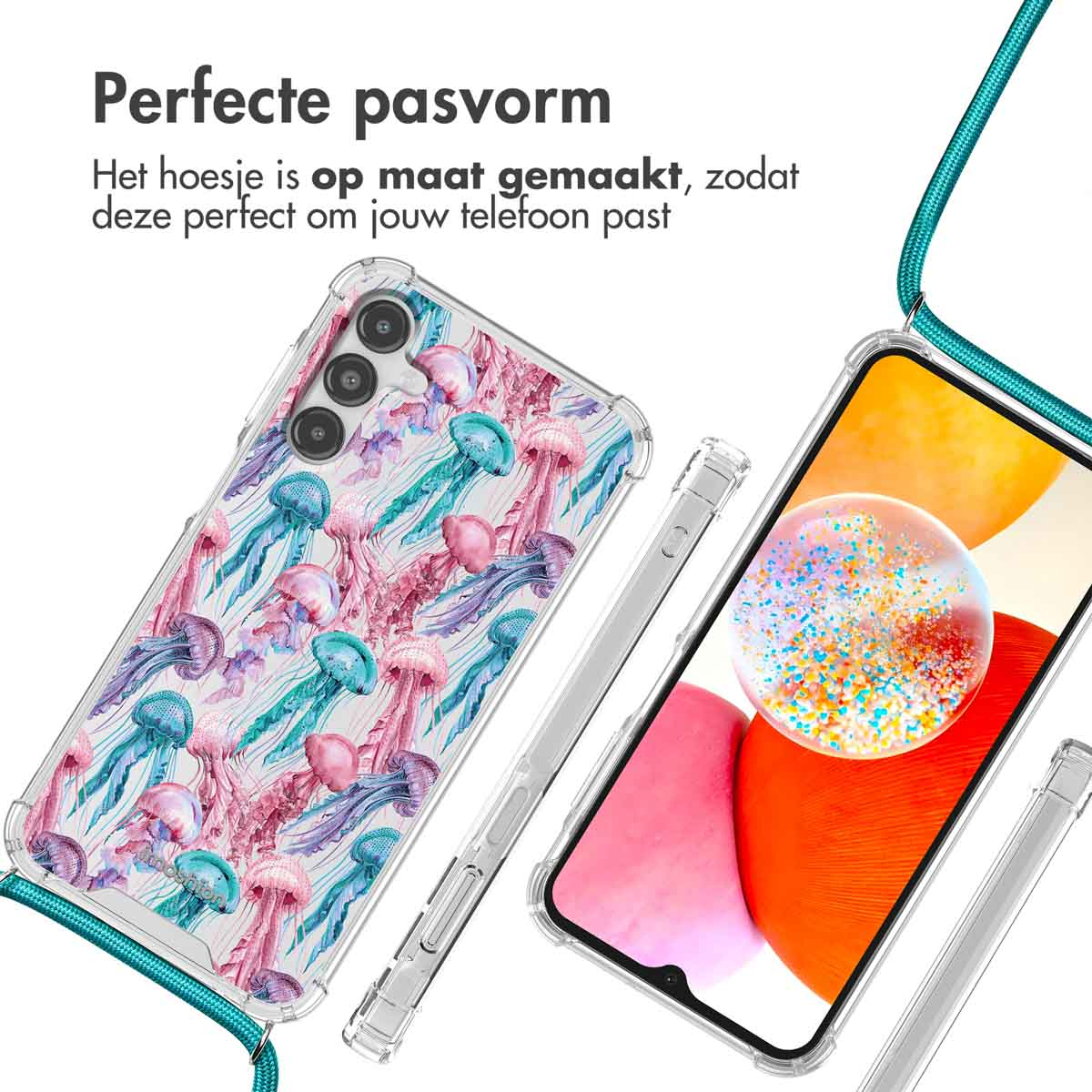 Telefoonhoesje met kwallenpatroon, roze en blauw. Telefoon en schermbeschermer zichtbaar. Achtergrond is wit.