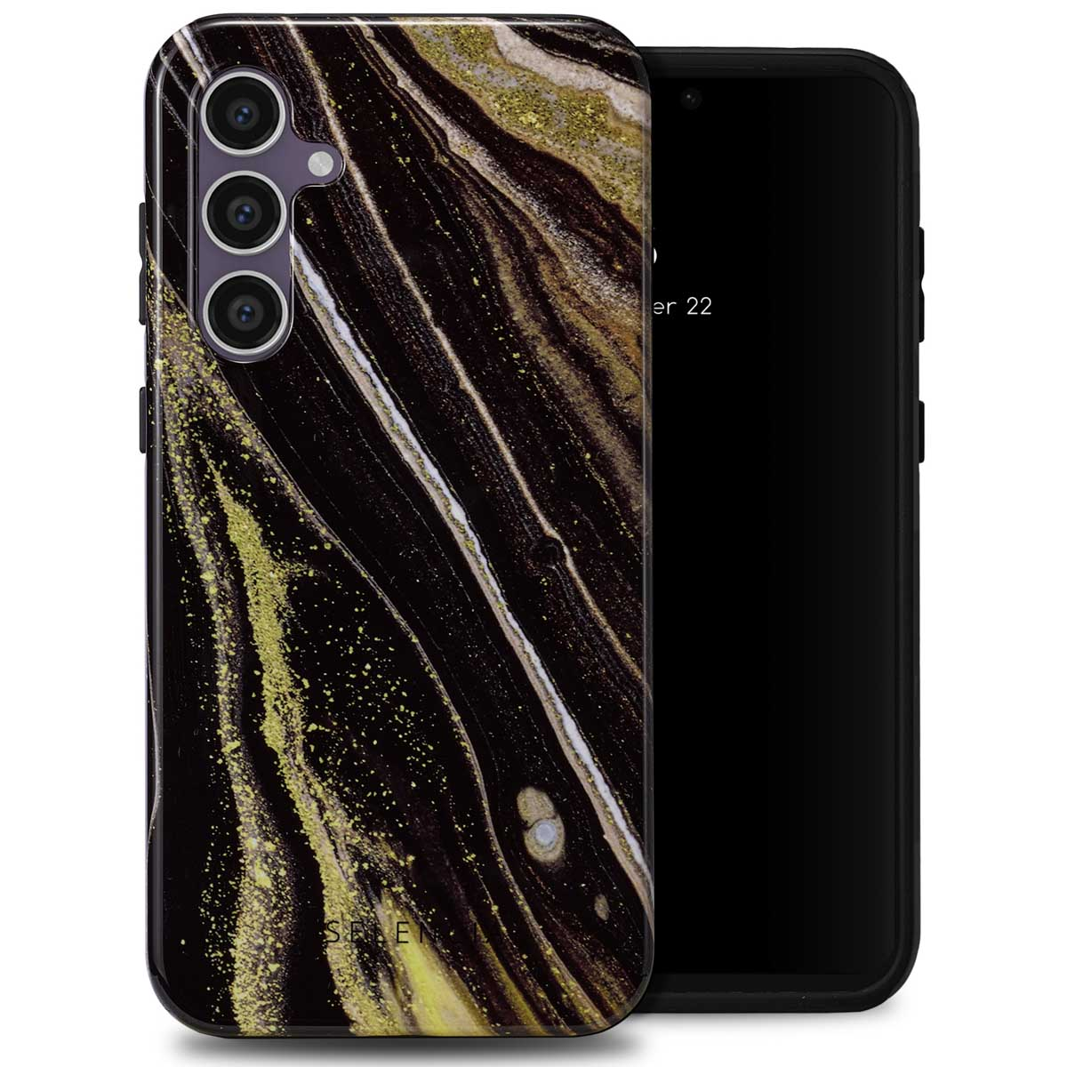 Coque de téléphone avec un design en marbre noir, or et marron. Un téléphone noir affiche la date.