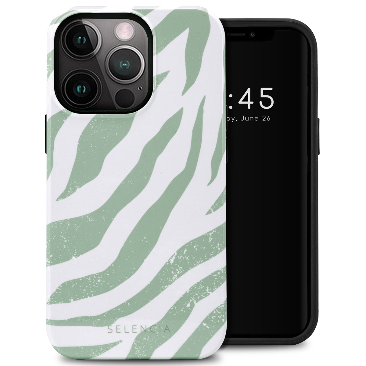 Een telefoon in een hoesje met een groen en wit zebrapatroon. Het woord SELENCIA is zichtbaar.