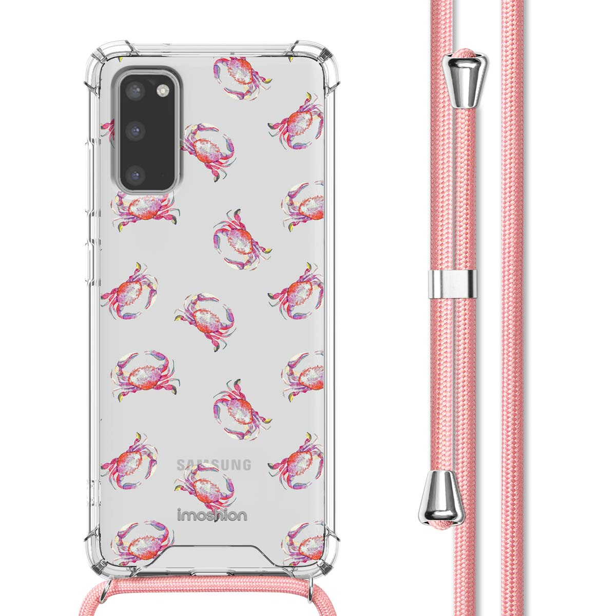 Coque transparente avec motif crabe et cordon rose. La coque est sur une surface blanche. Logo imoshion.