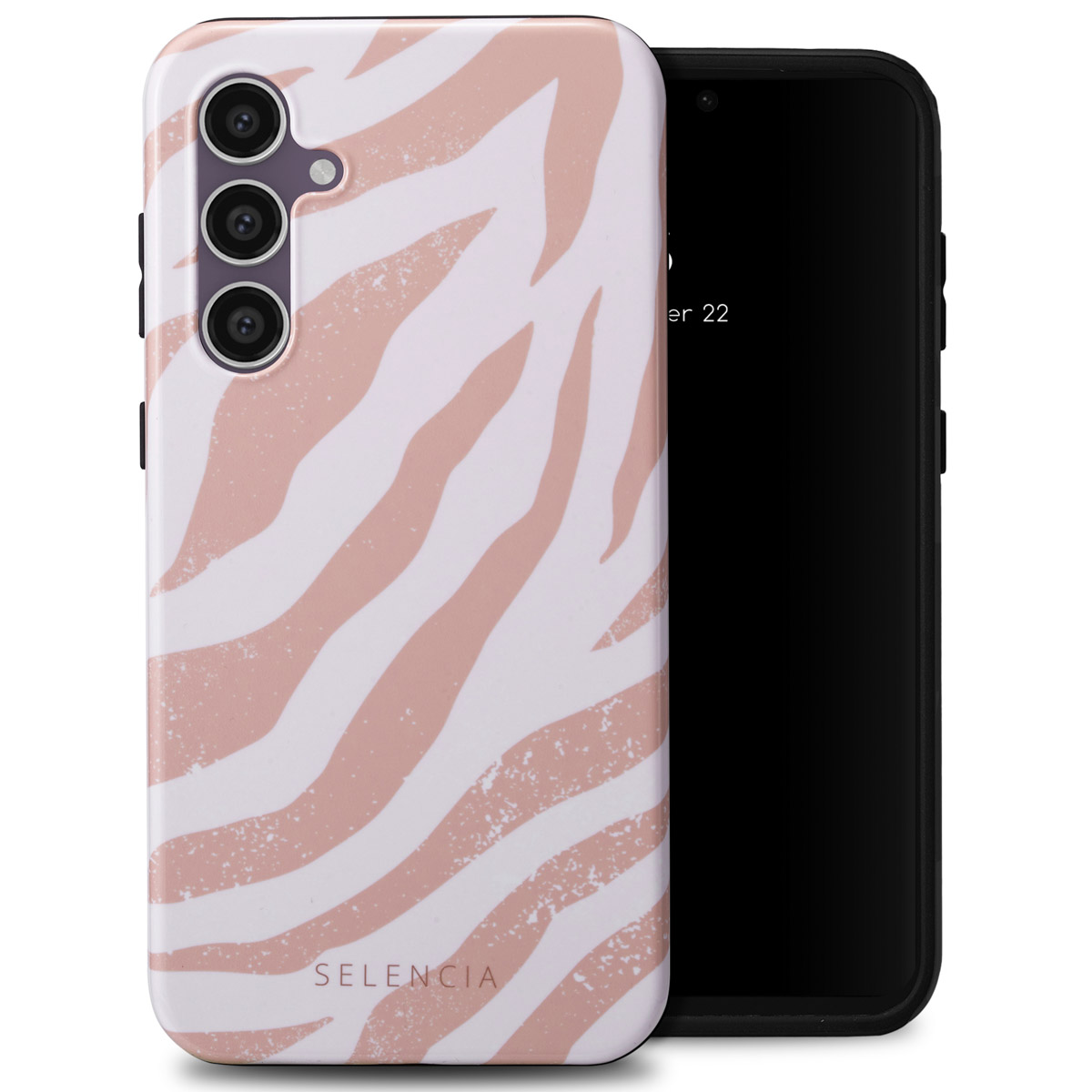 Coque blanche avec rayures zébrées roses. Téléphone noir à droite.