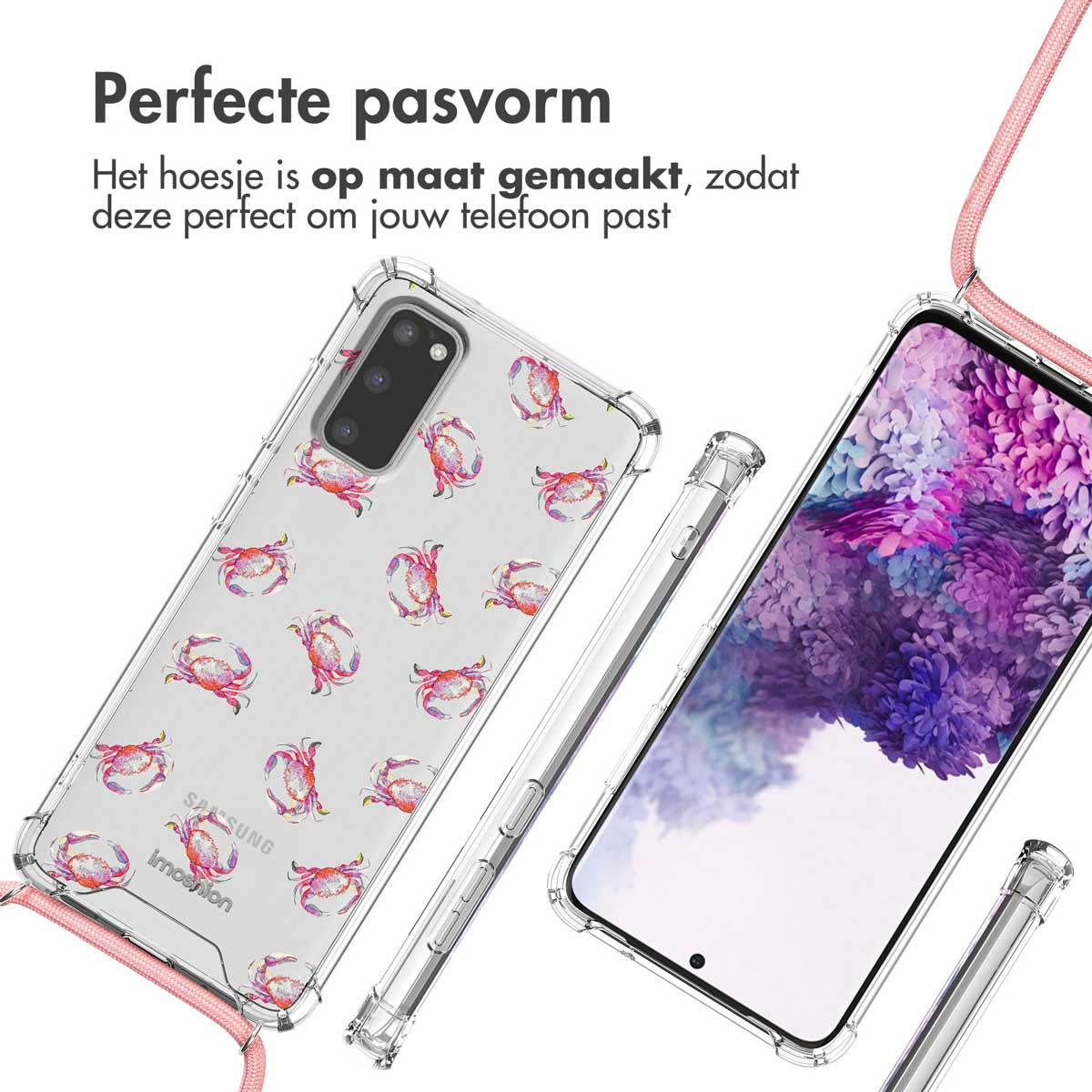 Coque de téléphone avec motif de crabes, rose et rouge, un téléphone à droite et un cordon rose.