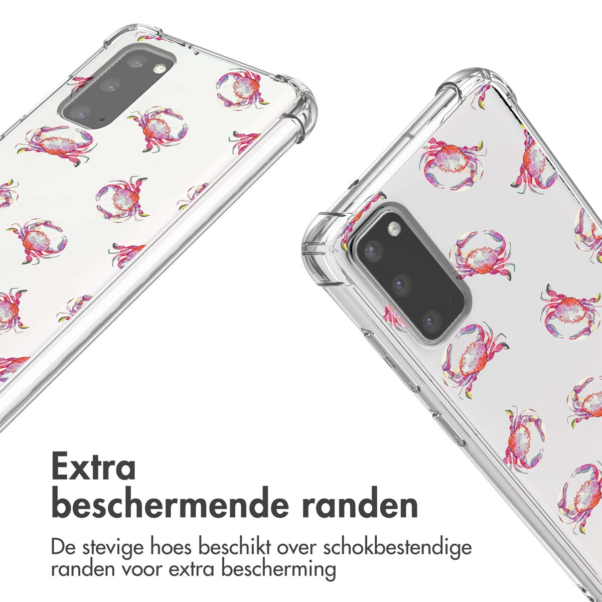 Coques transparentes avec motif de crabes rose et rouge. Les coques sont mises au point.
