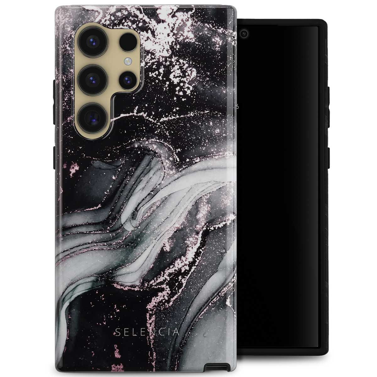 Telefoonhoesje met marmerdesign, zwart en wit, telefoon aan de rechterkant.