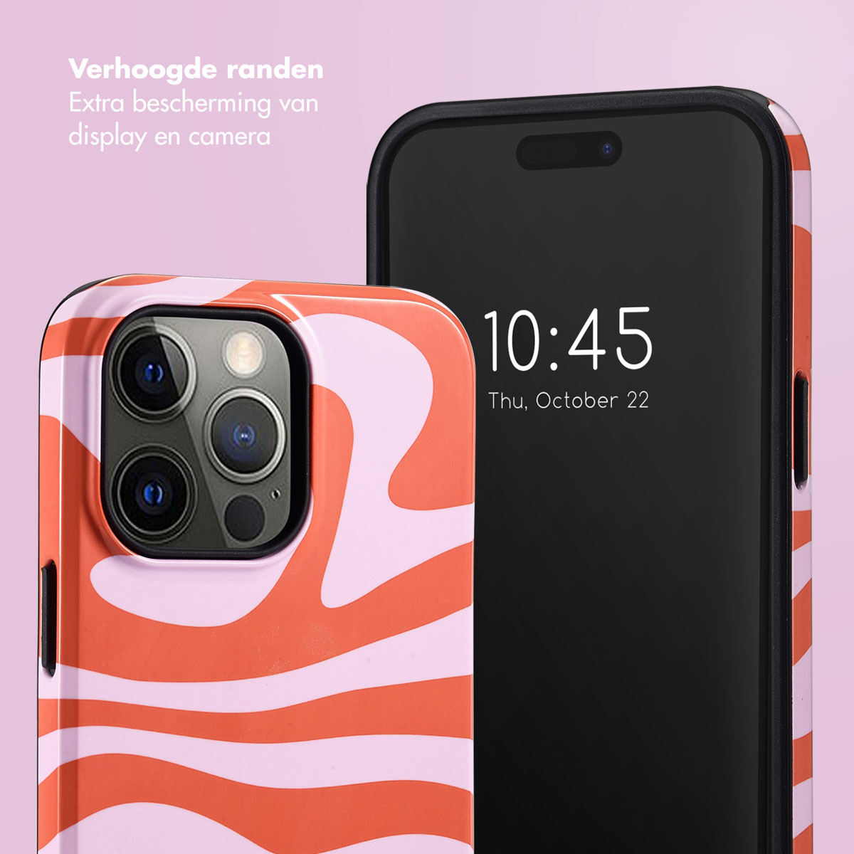 Handyhülle mit orangefarbenen und weißen Wirbeln, mit einem Telefon darin. Text "Verhoogde randen" auf Niederländisch.