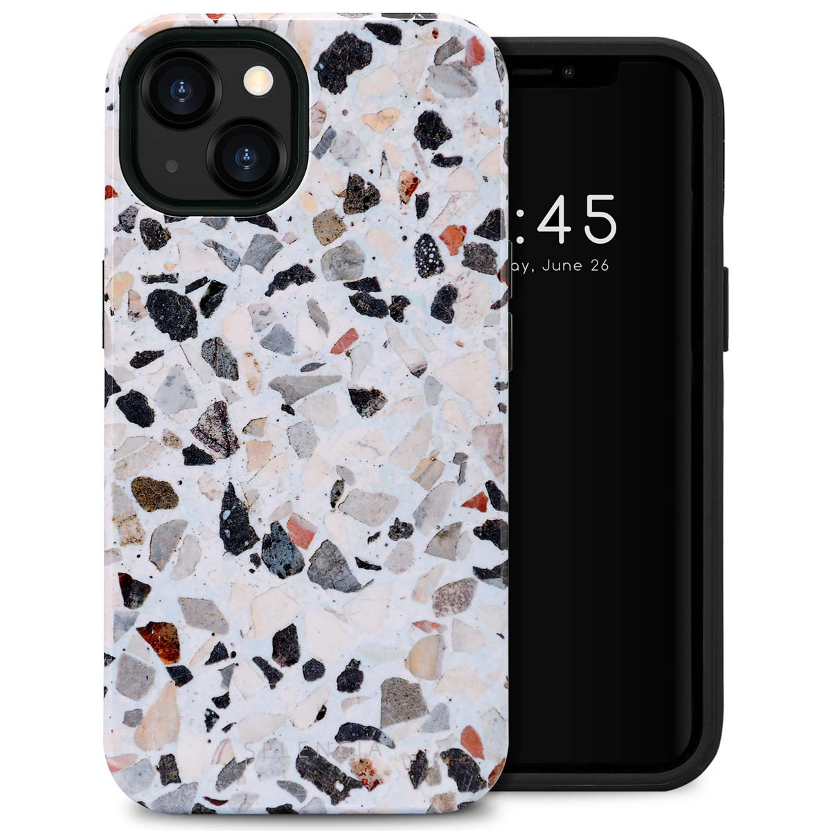 Coque de téléphone avec motif terrazzo et un téléphone affichant une horloge.