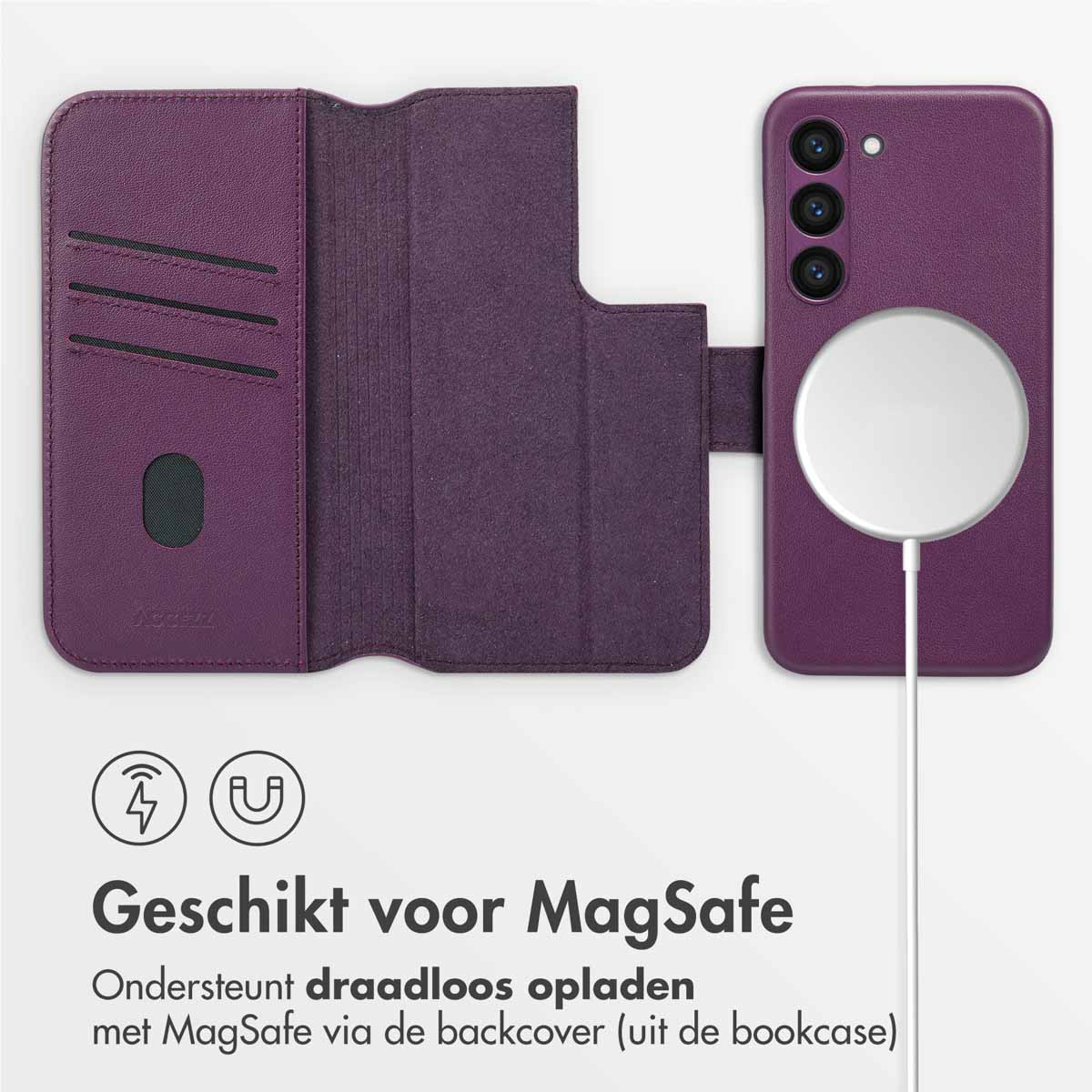 Paarse telefoonhoes met portemonnee. MagSafe compatibel. Witte oplaadkabel. Tekst: Geschikt voor MagSafe.