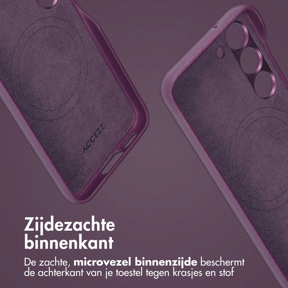 Paars telefoonhoesje, toont de binnenkant van het hoesje met een design. De achtergrond is paars.