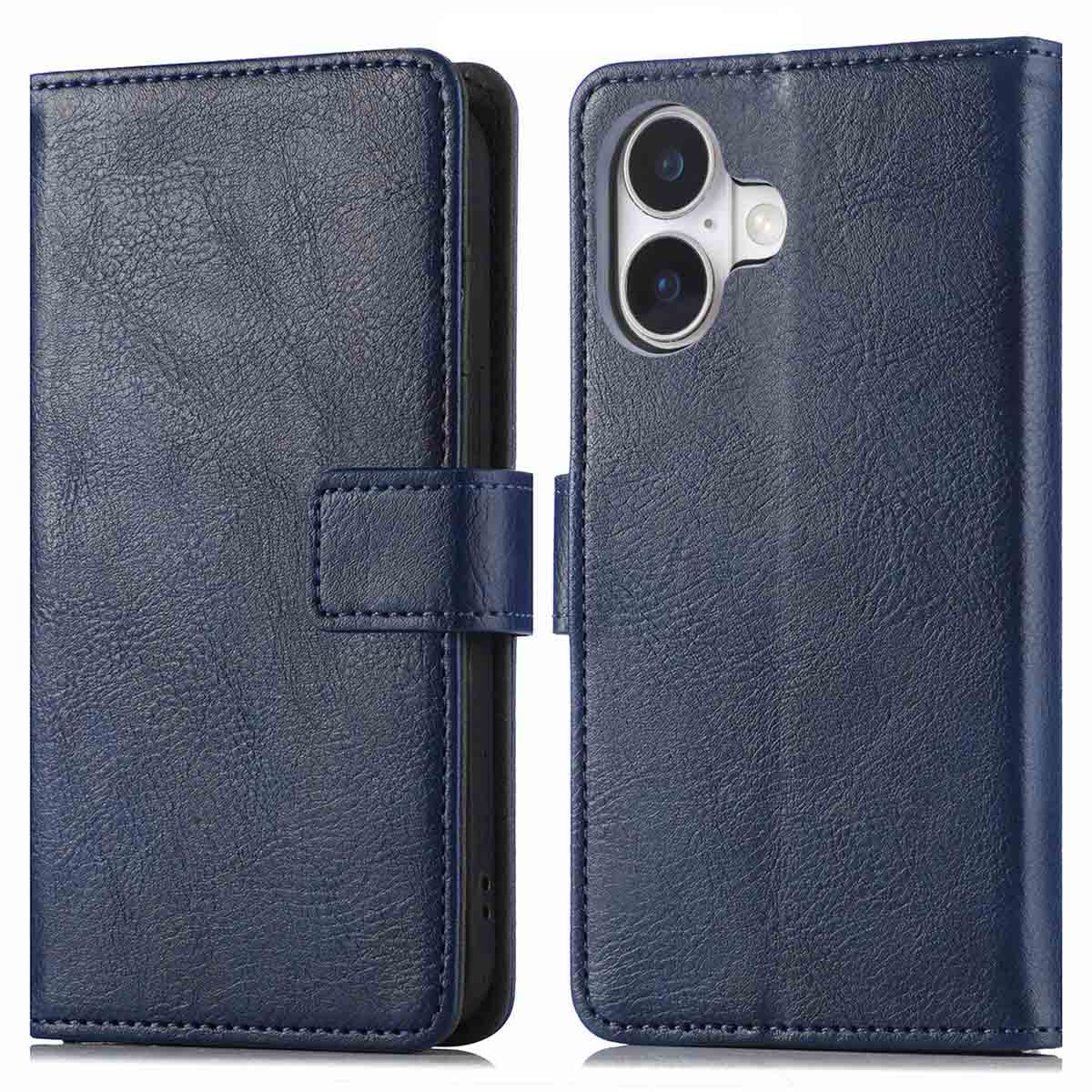 Étui portefeuille en cuir bleu, fermé et ouvert. Montrant le téléphone.