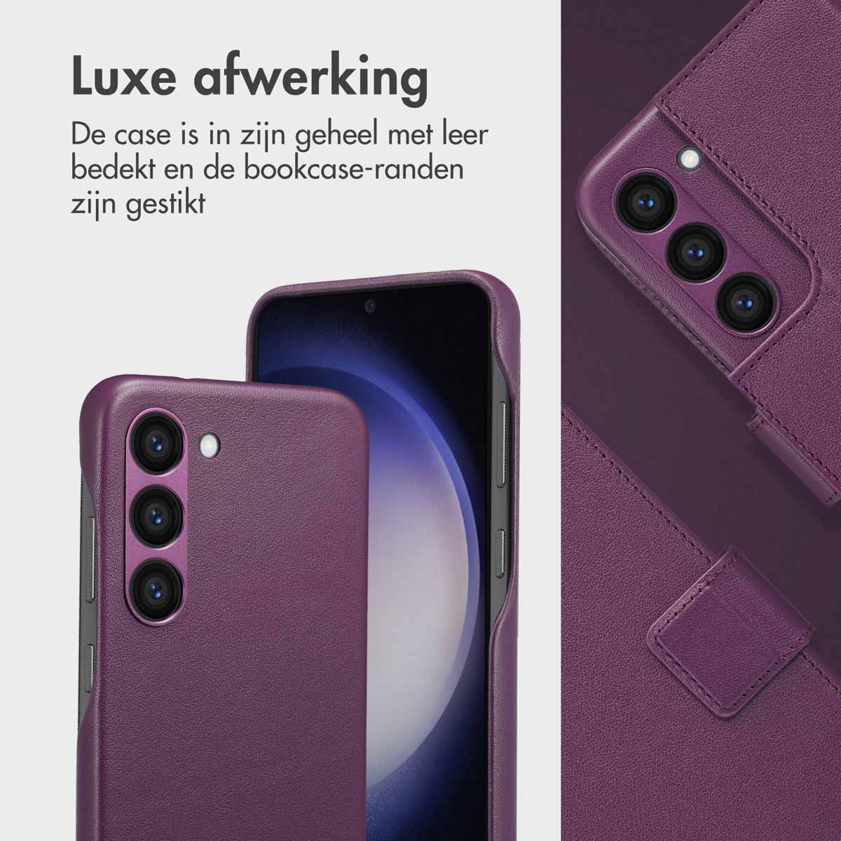Een paarse leren telefoonhoes, open, met een telefoon erin.