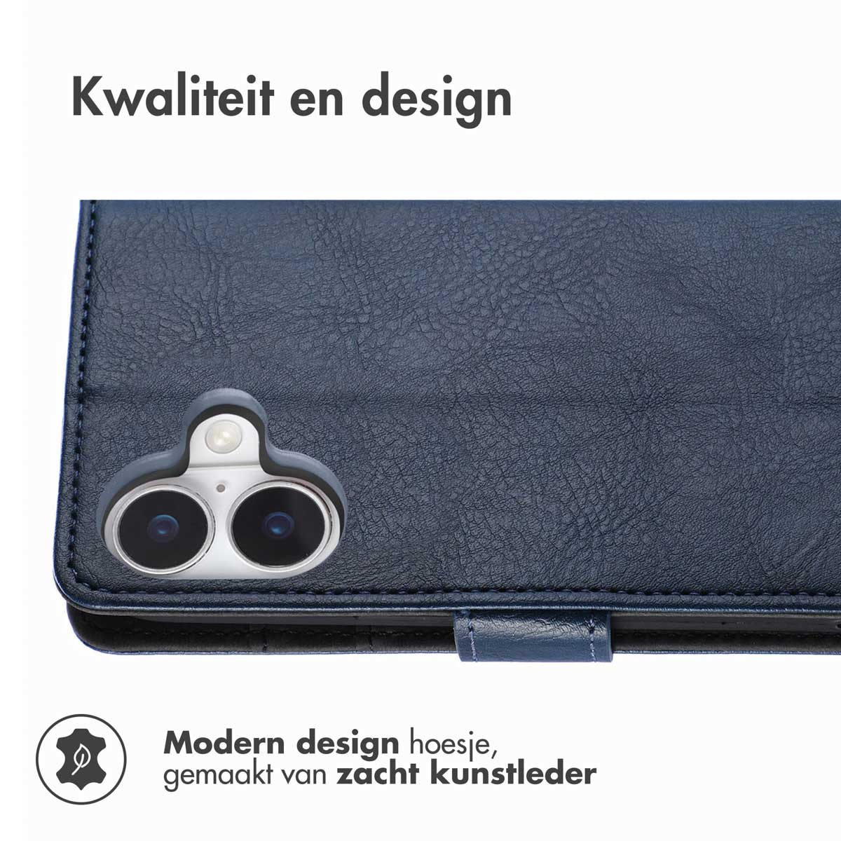 Gros plan sur un étui de téléphone en cuir bleu foncé. Texte : Qualité et design.