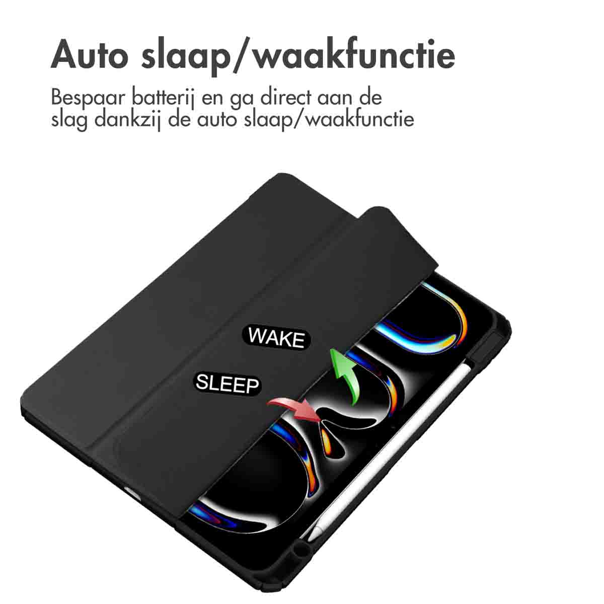 Black tablet case, open, displaying a tablet screen with a wake and sleep arrow.