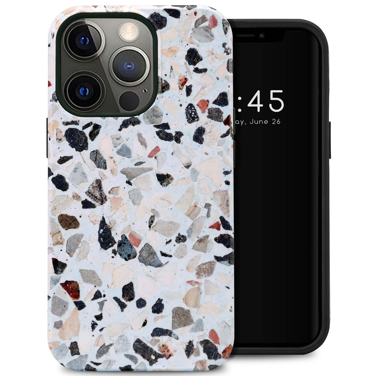 Telefoonhoesje met een witte achtergrond en een meerkleurig stenen patroon. Telefoon zichtbaar.