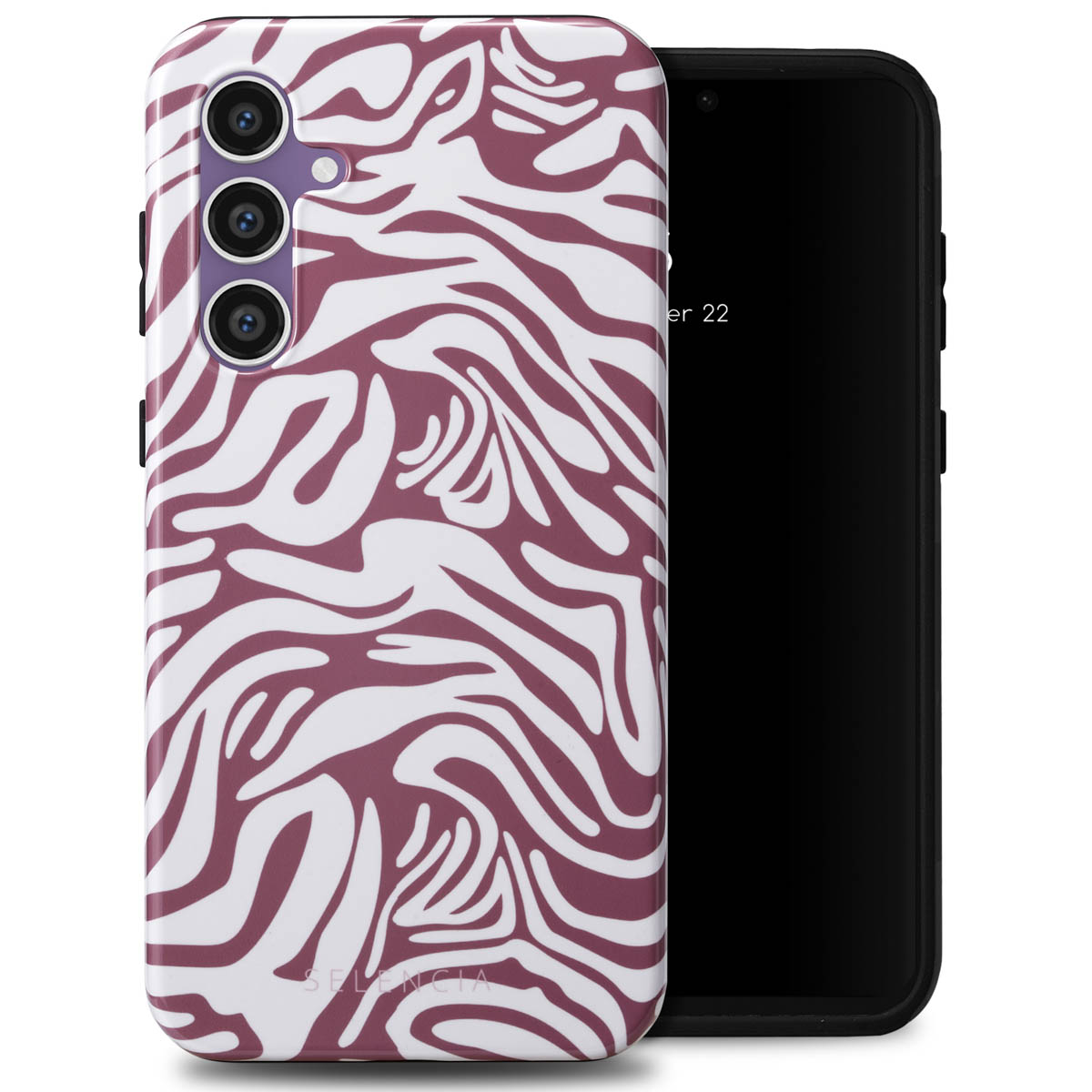 Téléphone dans un étui à imprimé zèbre, blanc et violet. Le téléphone est noir. Texte : SELENCIA.