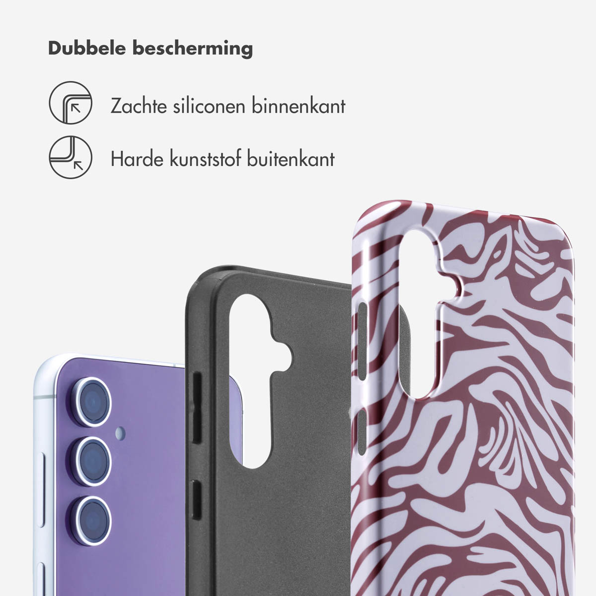 Coques de téléphone avec le texte 'Dubbele bescherming'. Les coques montrent du silicone souple à l'intérieur et du plastique dur à l'extérieur.