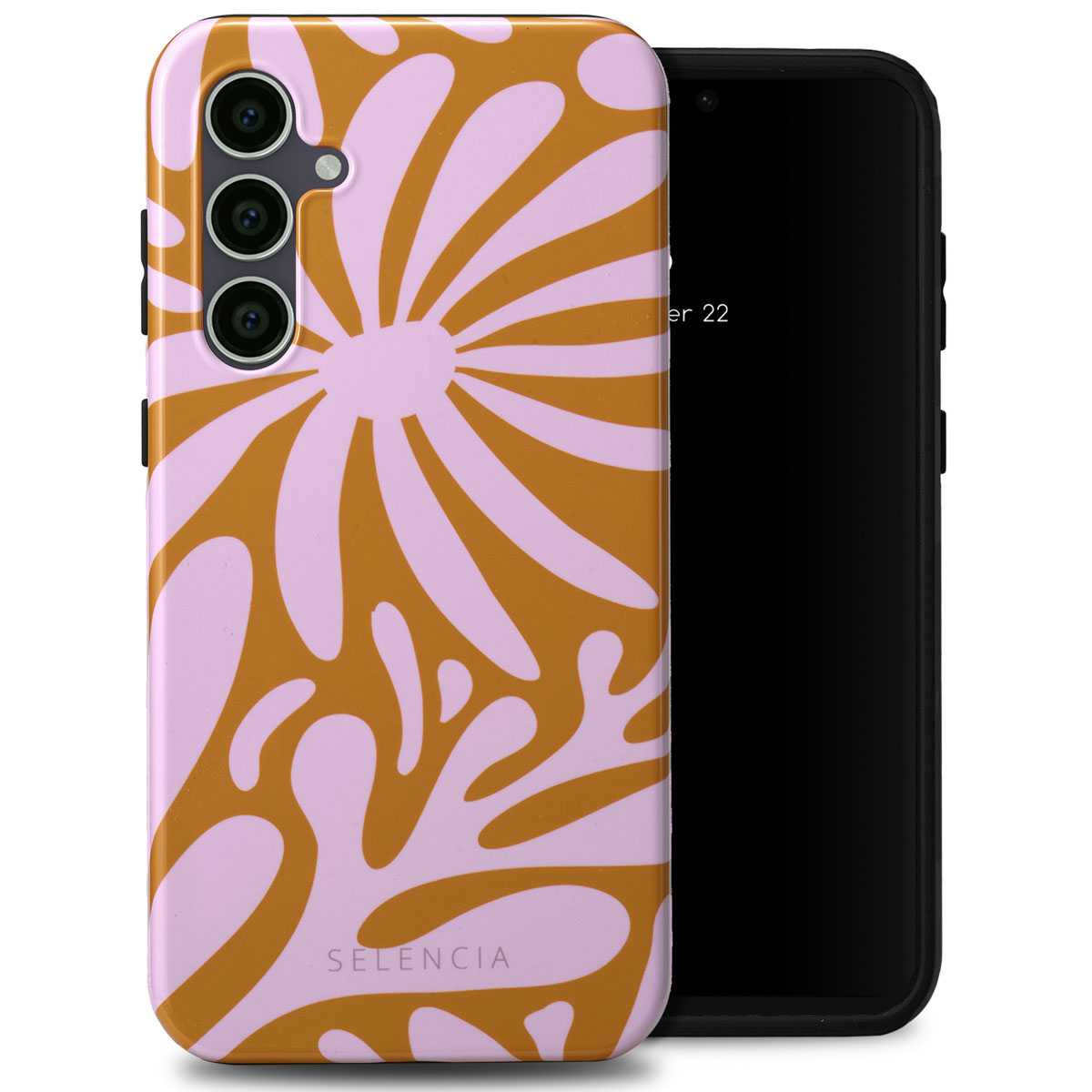 Telefoonhoesje met een roze en gouden bloemen design. De telefoon toont de datum.