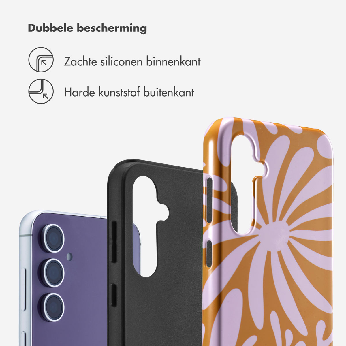 Drie telefoononderdelen: een telefoon, een zwarte case en een case met een bloemenpatroon. Tekst: Dubbele bescherming.