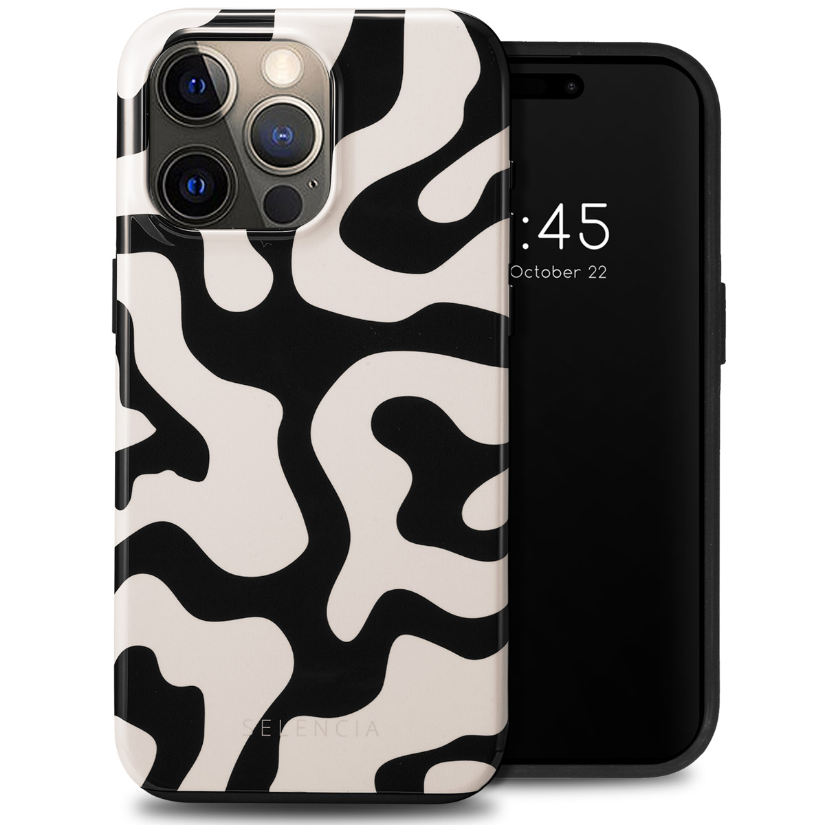 Coque de téléphone avec un motif ondulé beige et noir. Téléphone avec affichage de l'heure.