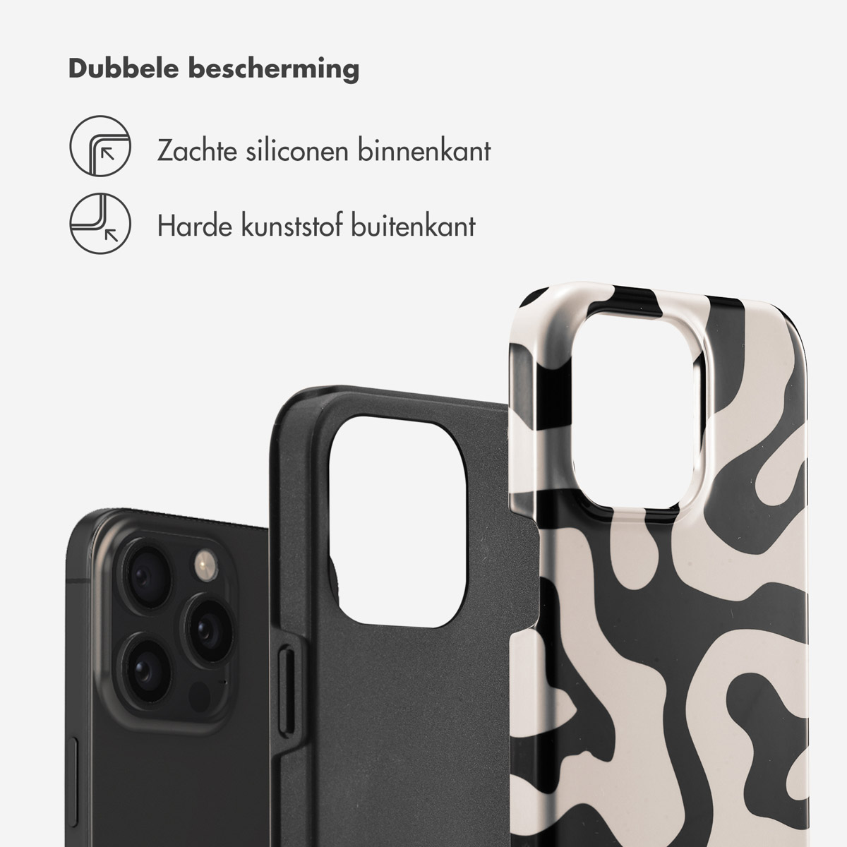 Coque de téléphone à deux couches : motifs noirs et crème. Téléphone partiellement visible. Fond blanc.