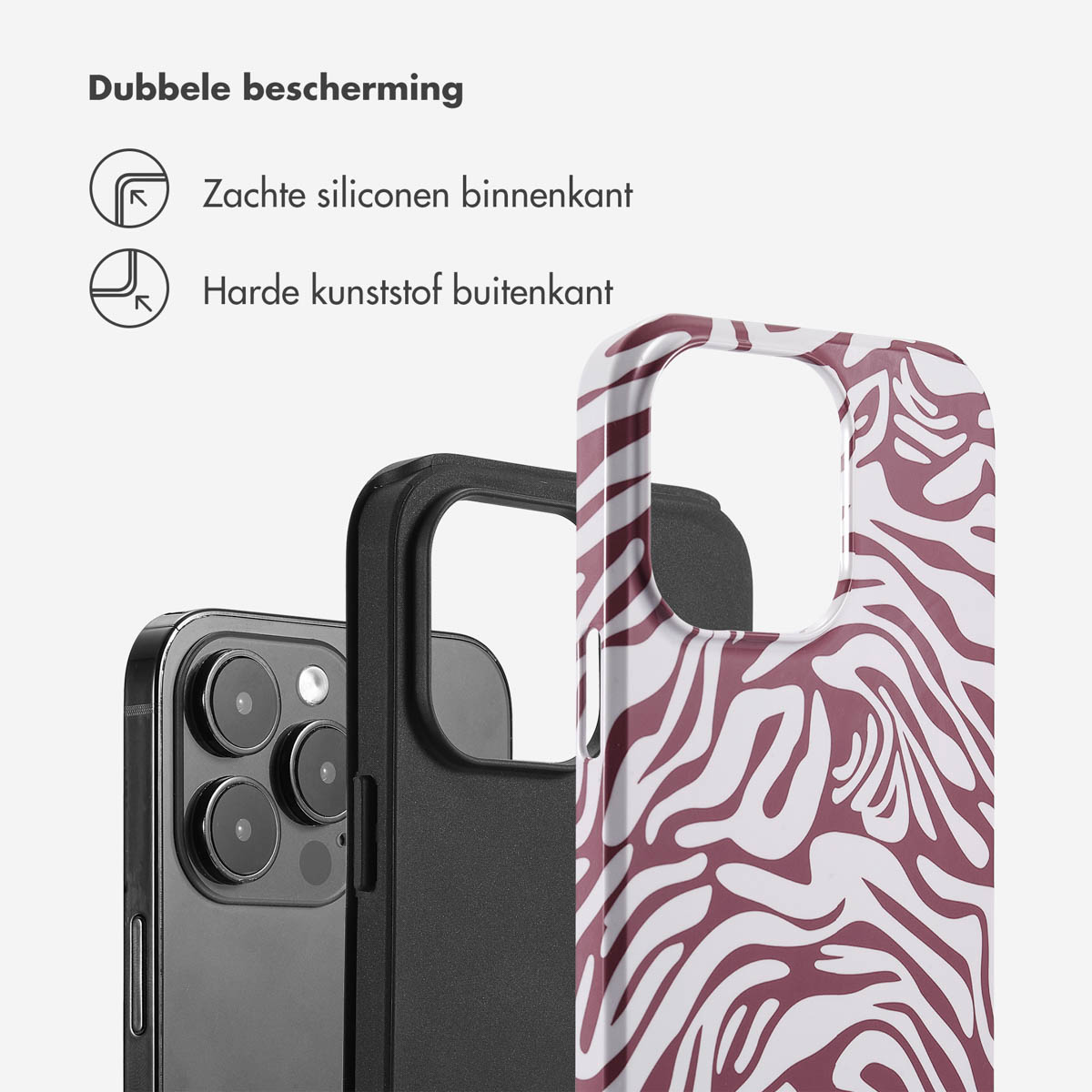 Telefoonhoesje met zebrapatroon, een zwarte telefoon en tekst over dubbele bescherming.