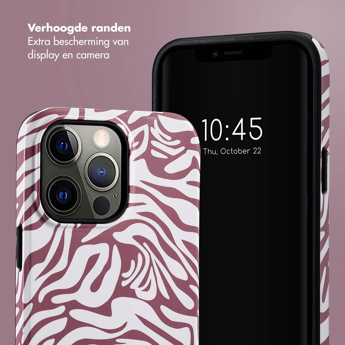 Telefoonhoesje met zebrapatroon. Telefoon toont de tijd 10:45, do, 22 oktober.