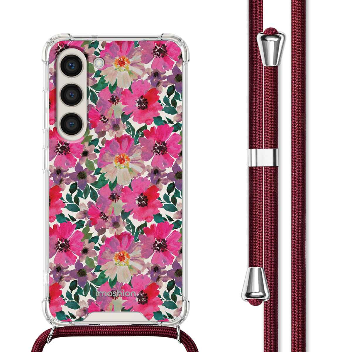Telefoon met roze bloemenhoesje en bijpassend bandje, witte achtergrond.