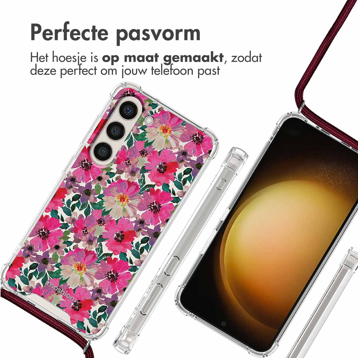 Telefoonhoesje met roze bloemenontwerp. De hoes heeft een transparante band.