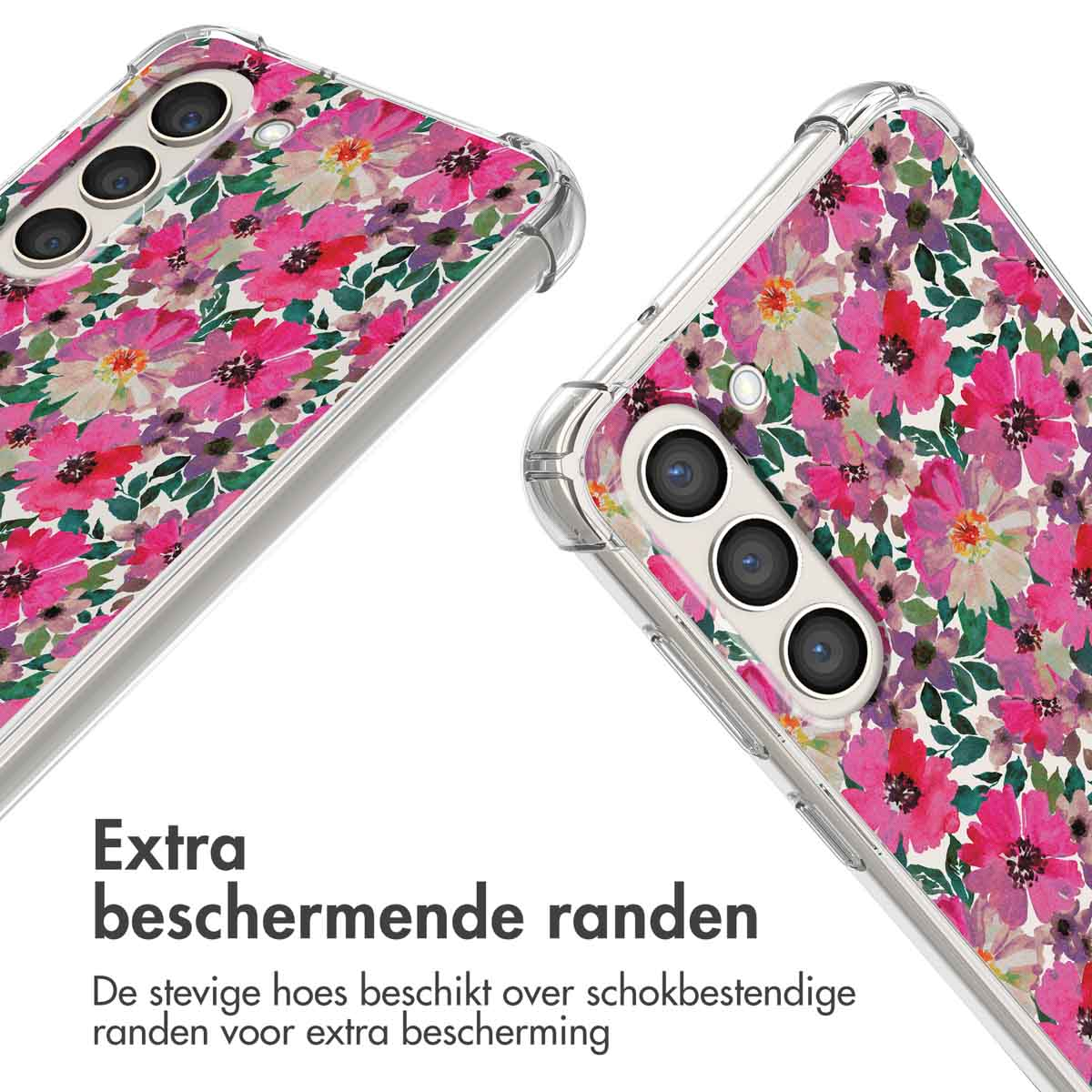 Twee telefoonhoesjes met roze bloemenpatroon. Tekst: Extra beschermende randen.