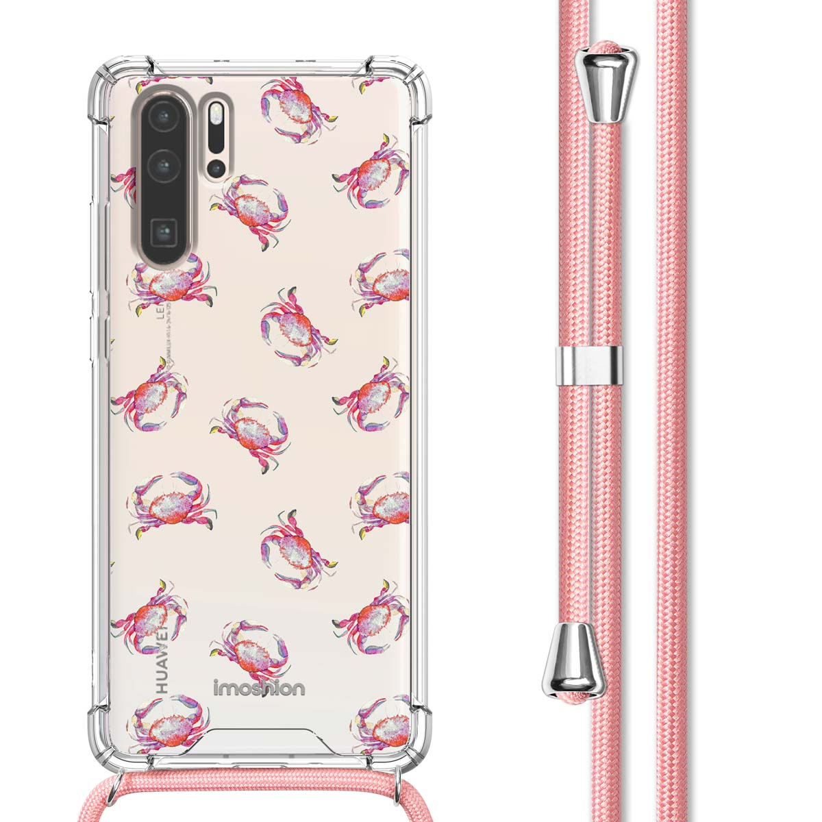 Telefoonhoesje met krabpatroon, roze en wit. Telefoon met roze koord. Witte achtergrond.