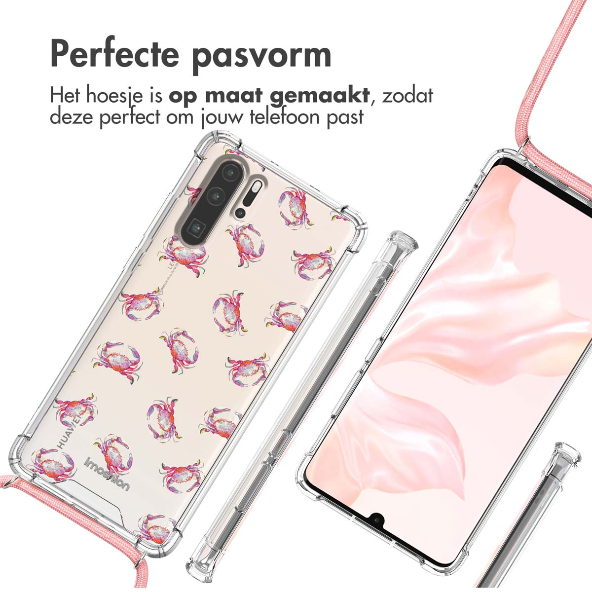 Transparant telefoonhoesje met krabbenpatroon en een roze lanyard. Een telefoon met roze scherm is scherp.