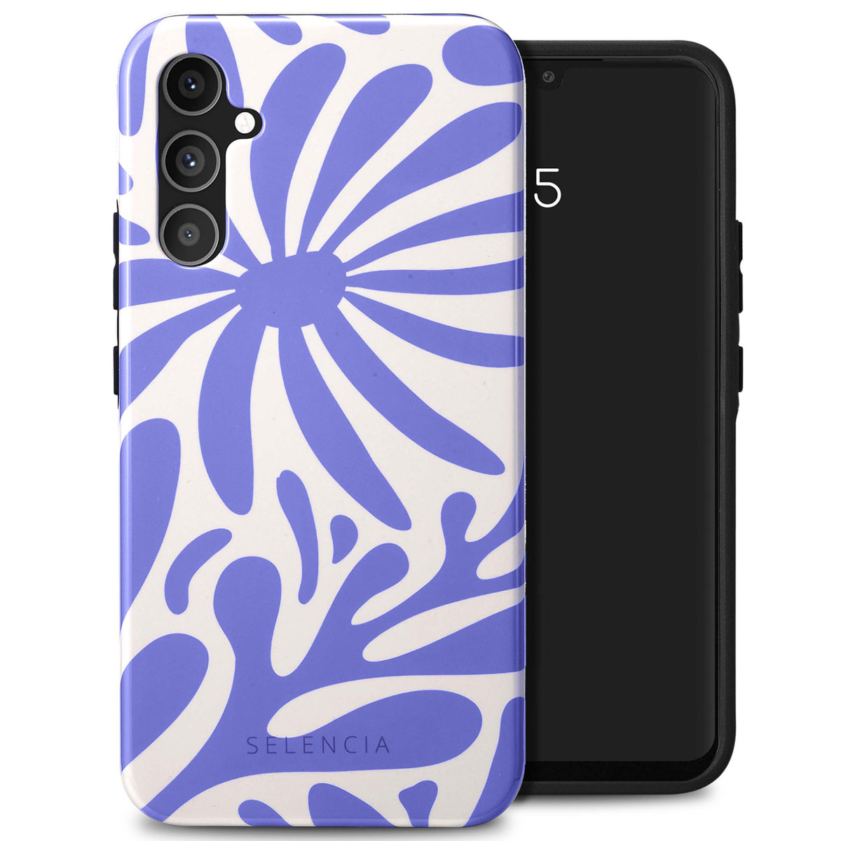 Telefoonhoesje met blauw bloemmotief en een zwarte telefoon, tegen een witte achtergrond.
