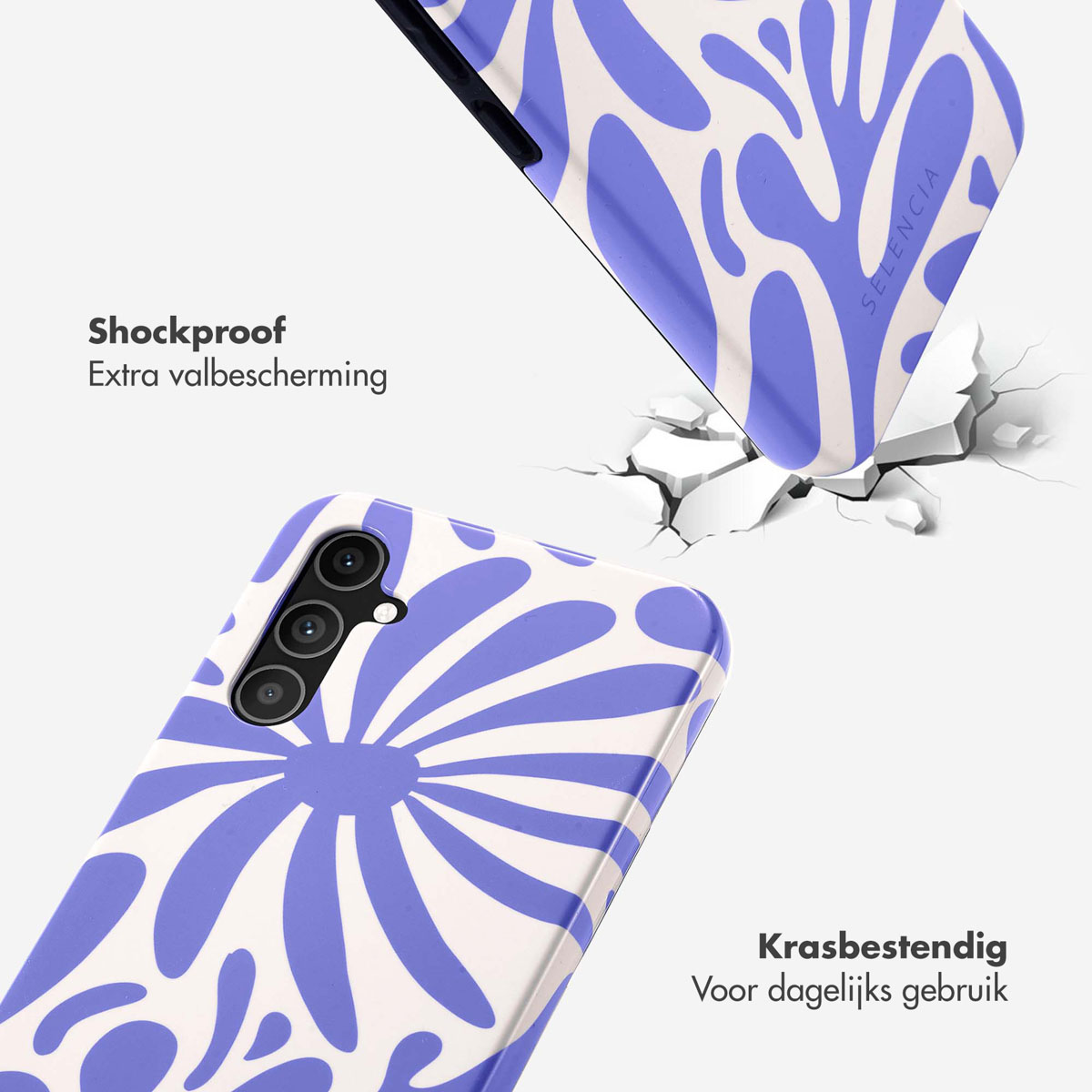 Telefoonhoesje met blauw en wit bloemenontwerp, barsteffect.