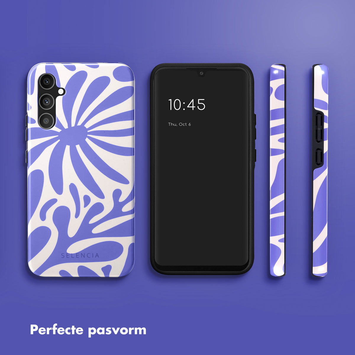 Telefoon met een blauw-wit bloemenhoesje, met een telefoon in een zwart hoesje.