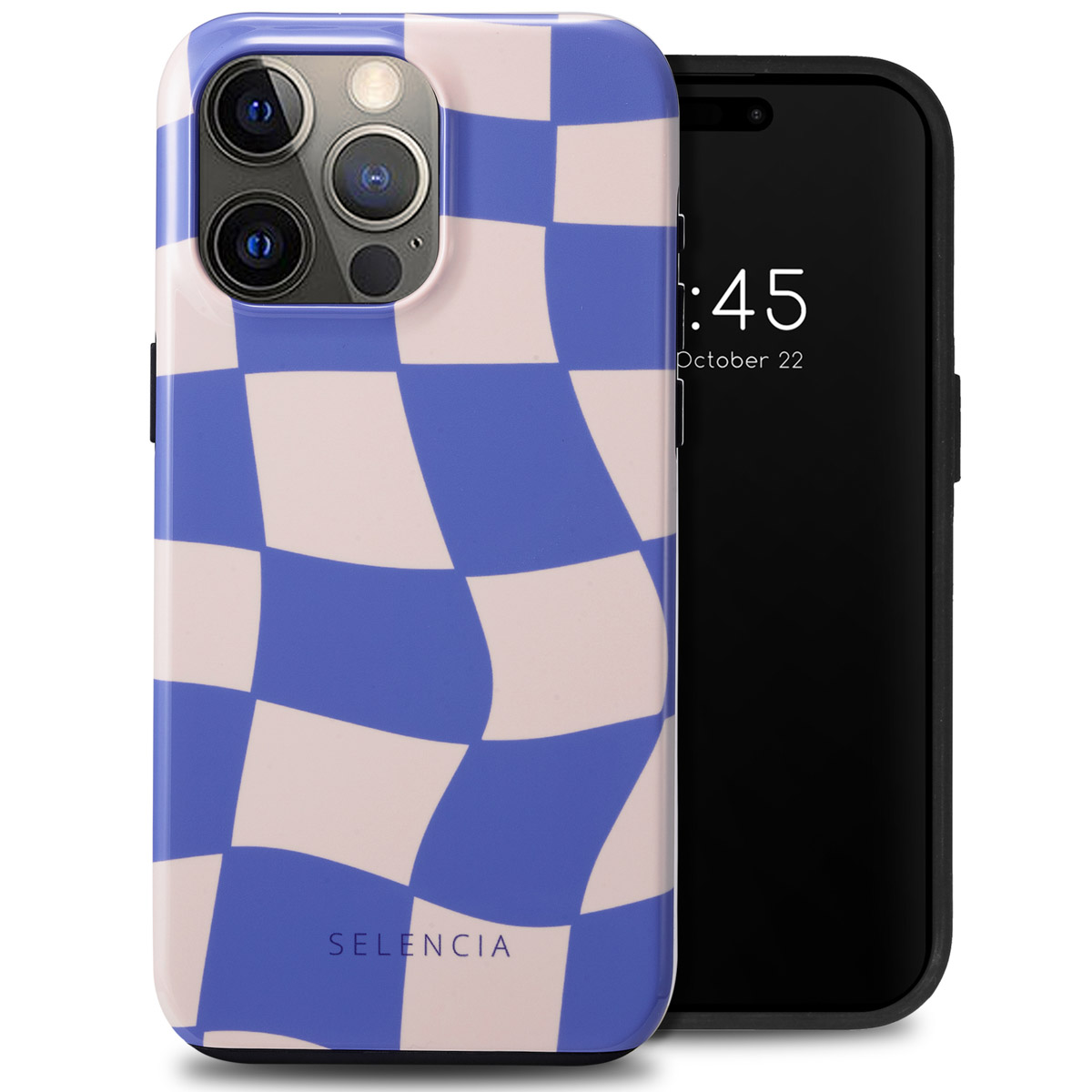 Een telefoonhoesje met een blauw en beige dambordpatroon. Er staat een telefoon naast.