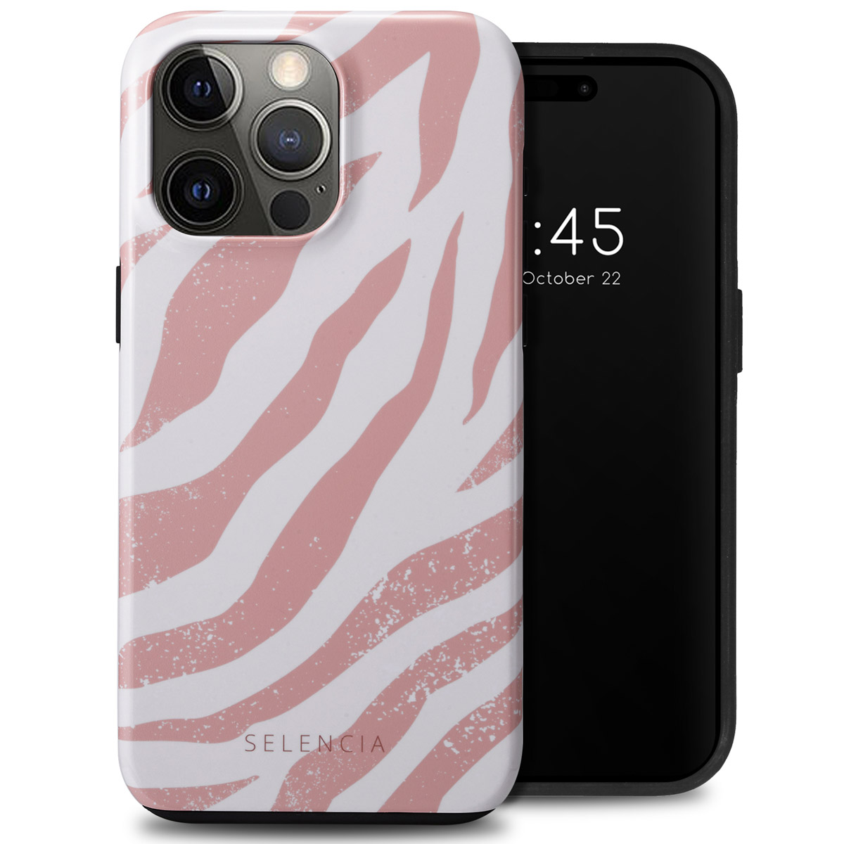 Telefoonhoesje met zebrapatroon en een telefoon met zwart scherm. Het hoesje is scherp.