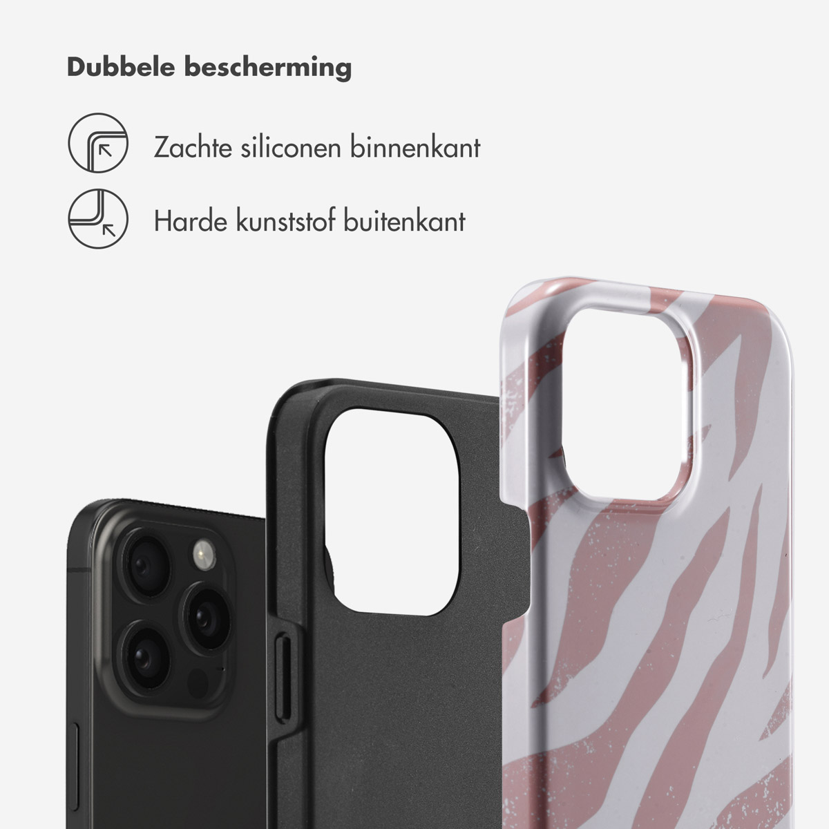 Telefoonhoesjes: zwart, zebraprint en zwart. Tekst: dubbele bescherming, zachte siliconen binnenkant, hard plastic buitenkant.