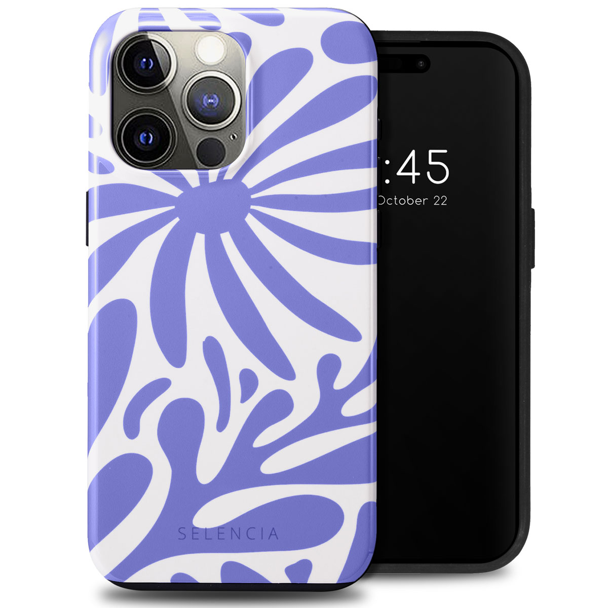 Telefoonhoesje met wit en lichtblauw bloemenpatroon en een zwarte telefoon met tijdweergave.