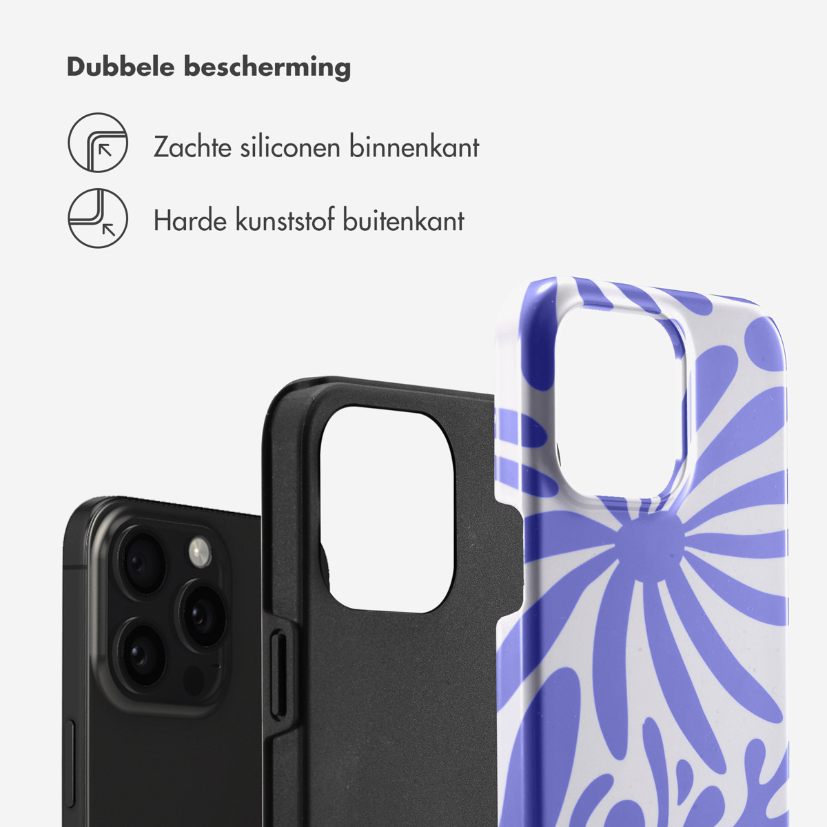 Telefoon en twee hoesjes. Eén met een blauw bloemenpatroon. Tekst: Zachte siliconen binnenkant, hard plastic buitenkant.