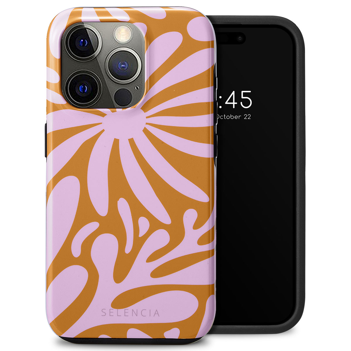 Coque de téléphone avec motif floral orange et rose, téléphone avec l'heure 1:45.