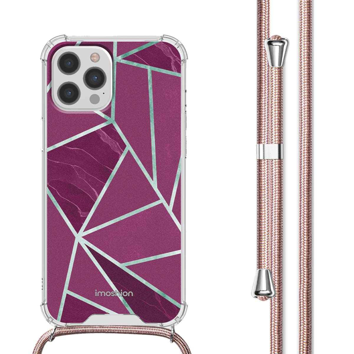 Coque avec formes géométriques et cordon. Texte dit 'Ajustement parfait'.
