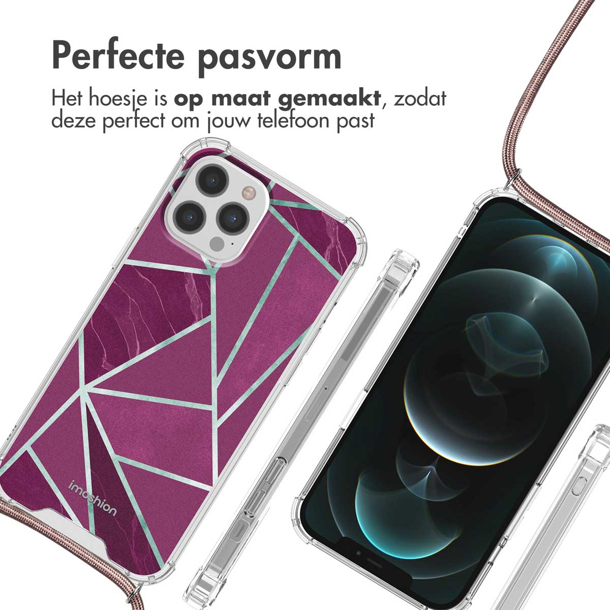 Deux coques de téléphone à motifs géométriques, une avec une lanière, toutes deux avec un cadre transparent.