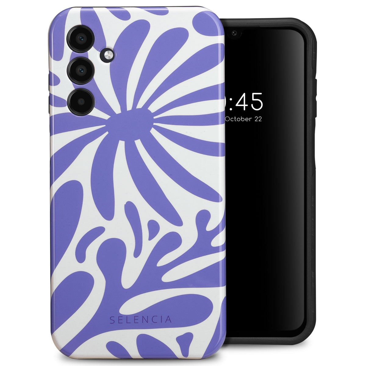 Telefoonhoesje met wit en paars patroon. Er zit een zwarte telefoon in. De hoes heeft een SELENCIA-logo.