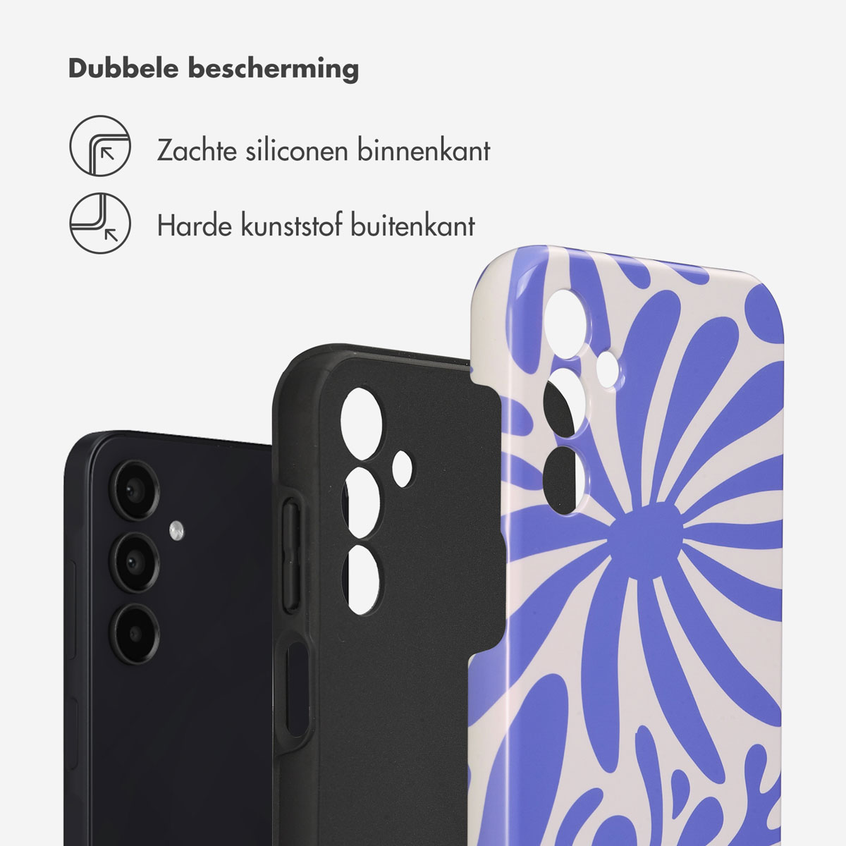 Drie telefoonhoesjes. Eén zwart, één zwarte hoes, één met een bloemenontwerp.