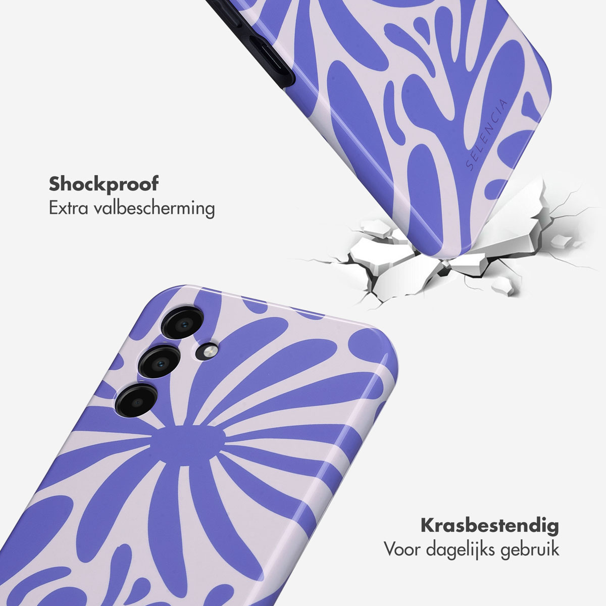 Een telefoonhoesje met een blauw bloemdesign. De afbeelding toont ook een telefoon en tekst over schokbestendig.