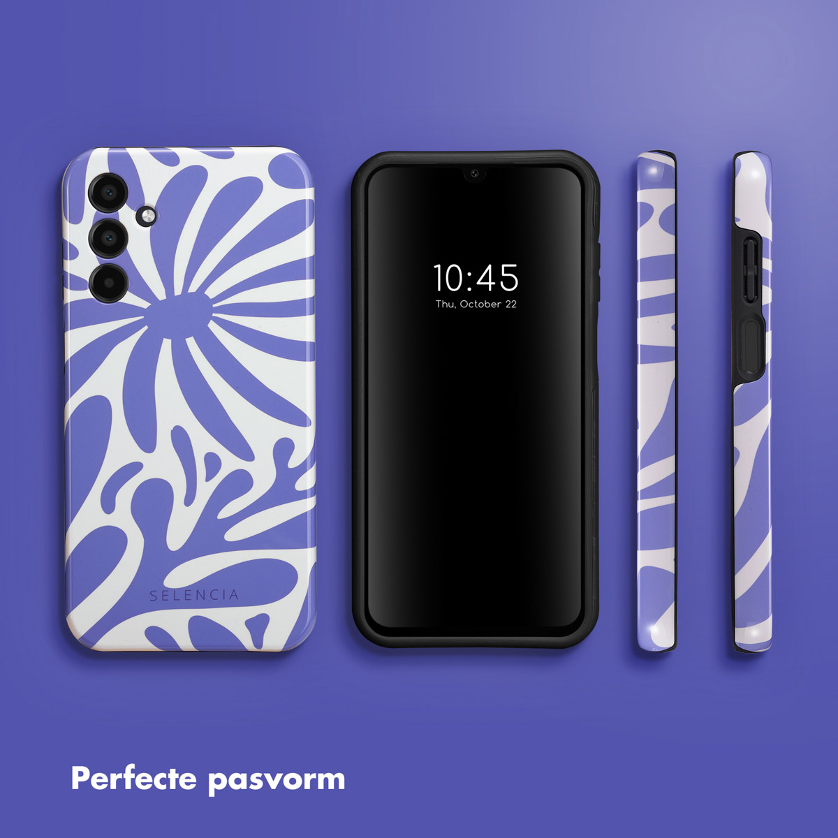 Telefoonhoesje met blauw en wit bloemenontwerp, telefoon met tijd 10:45.