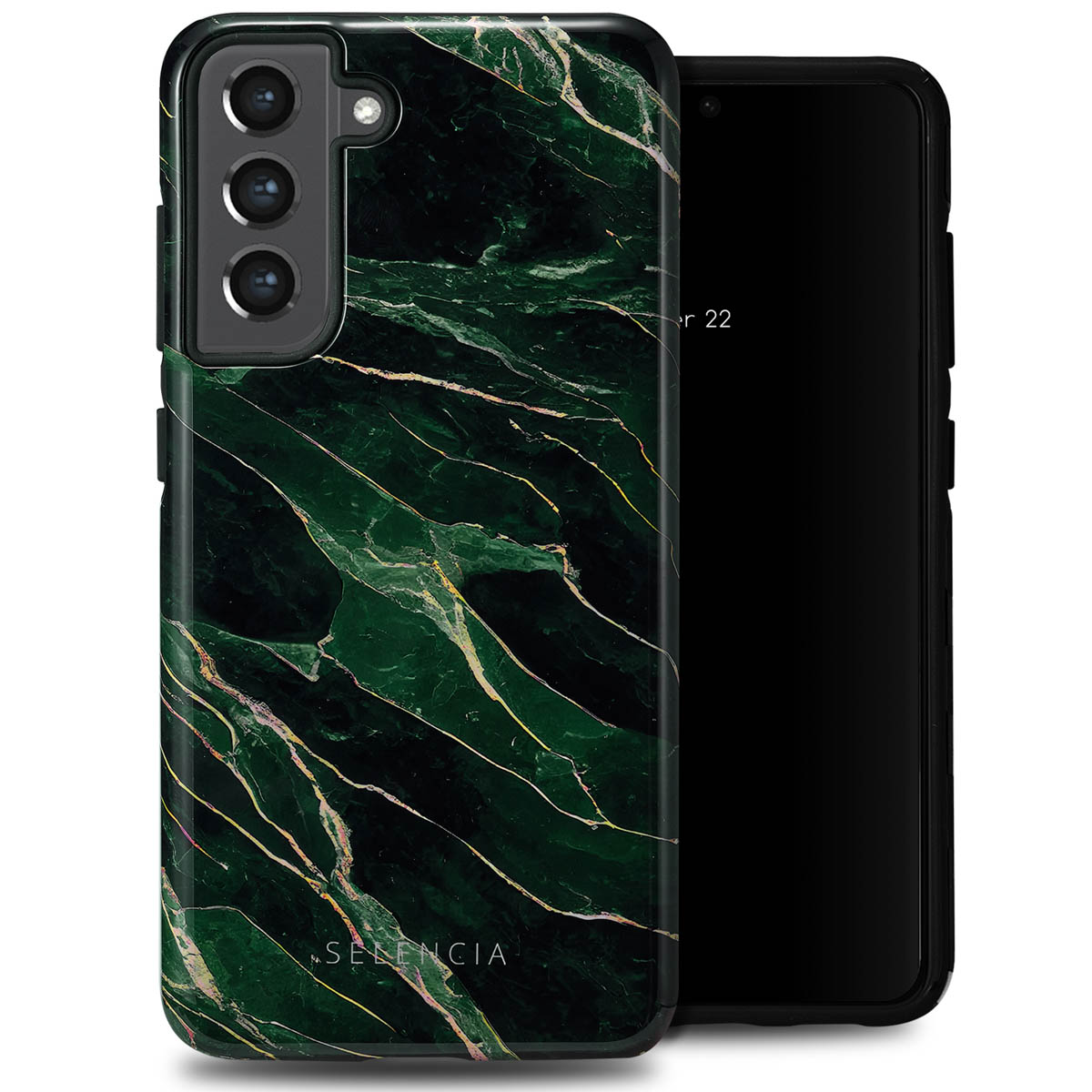 Un telefono in una custodia con motivo marmorizzato verde e oro. La parola SELENCIA è visibile.